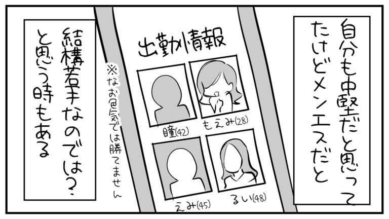 もえみんの1コマ漫画 その438「自分中堅だと思ってたけど…結構若手かも？」