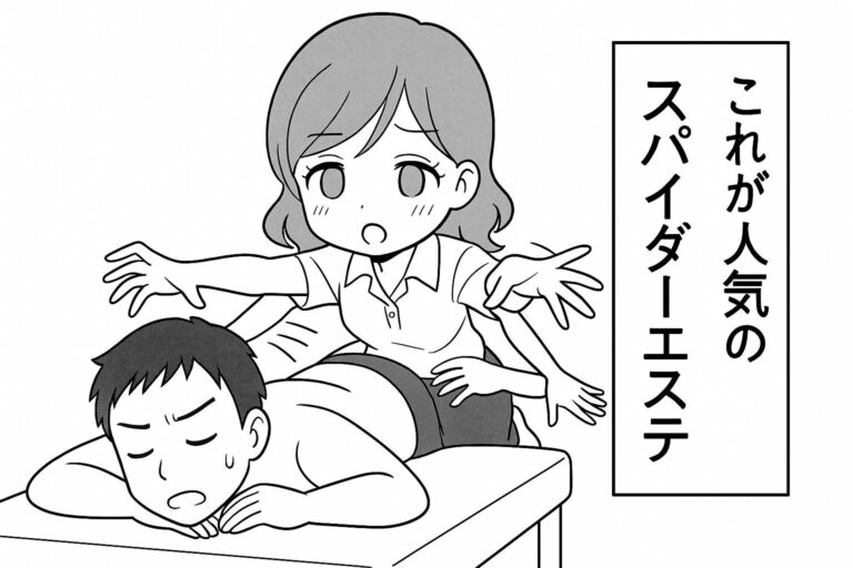 もえみんの1コマ漫画 Aの57「人気のスパイダーエステ」